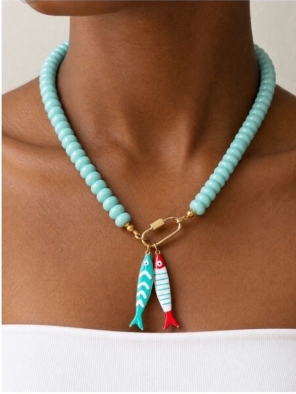 New! Coastal Cyan Beaded Carabiner Fish Sardines Necklace (4018) NWOT